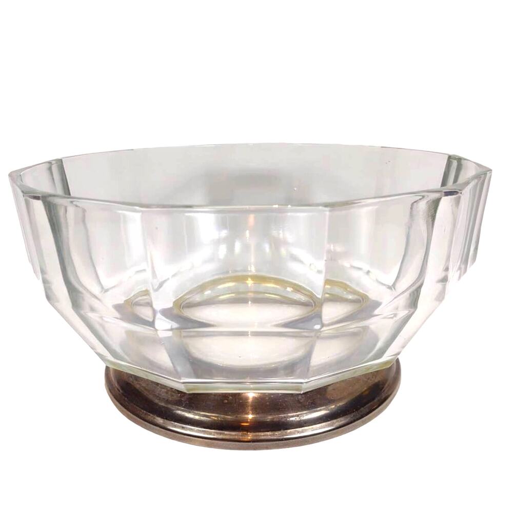 Vintage Decagon Crystal Godinger Bowl Silver Plate Base Made In Italy Geometric